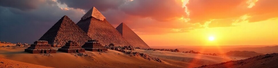 Majestic Pyramids at Sunset Ancient Wonders Casting Long Shadows Across the Desert Landscape
