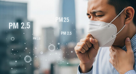 Pm 2.5 pollution effects on health coughing man wearing face mask air quality index and respiratory illness
