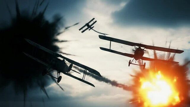 Vintage biplanes engage in a dramatic dogfight amidst fiery explosions in the cloudy sky.
