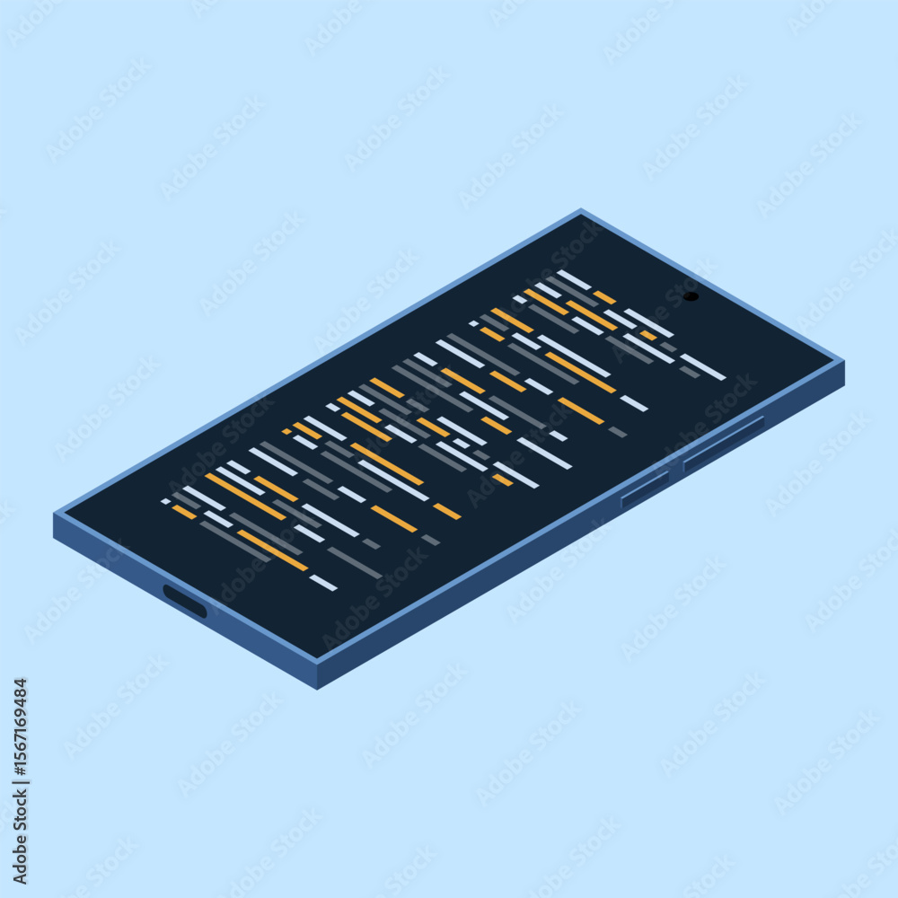 Wall mural isometric smartphone. program code on smartphone screen. isometric technology. vector illustration