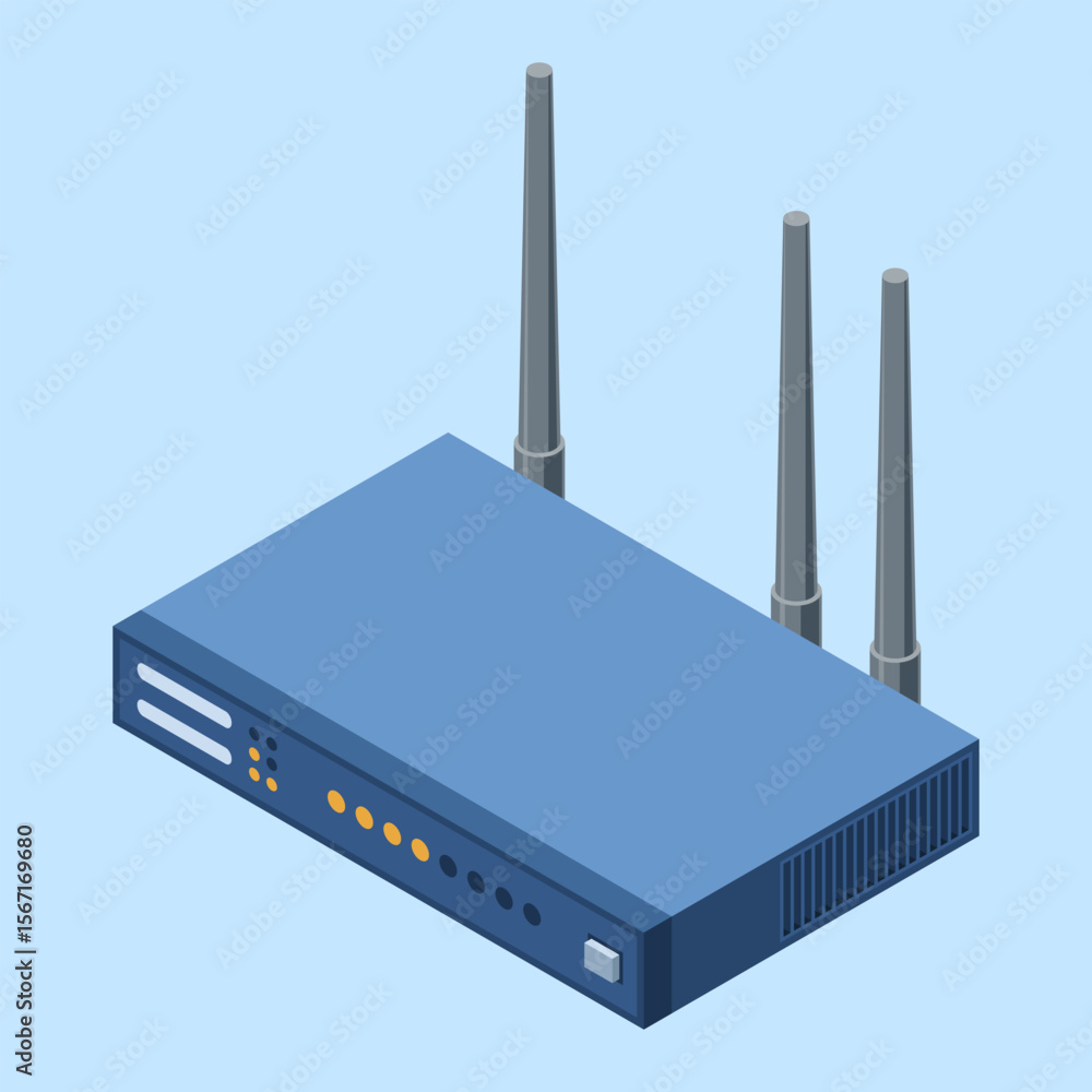 Poster isometric network wifi router with antennas. wireless network communication technology. wireless int