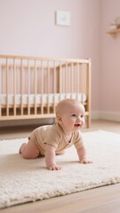 Cute baby crawling on a white carpet in a nursery with a crib and pink walls, looking happy and curious, exploring the world around him
