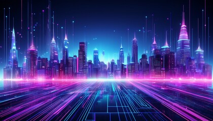 futuristic city skyline at night glowing with vibrant purple and blue neon lights digital cityscape with lines and data streams