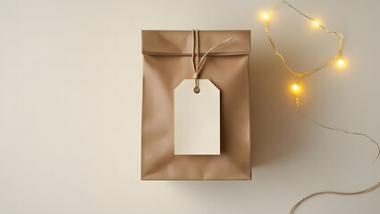 A plain brown paper gift bag with a blank cream colored tag tied with twine and illuminated by warm fairy lights