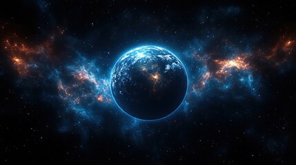 Obraz premium A vibrant blue planet, Earth, surrounded by swirling nebulae and stars in a dark space