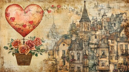 Heart-shaped hot air balloon carrying love. AI.