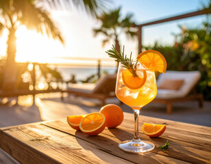 A refreshing orange cocktail garnished with rosemary sits on a wooden table, capturing the essence of a sunny beachside retreat.