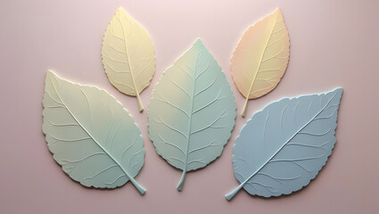 Obraz premium Five pastel colored embossed leaves arranged in a fan shape on a soft pink background