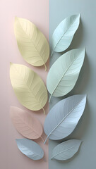 Soft pastel colored leaves arranged in a pleasing pattern on a split background of pink and grey