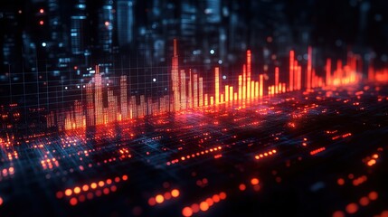 Abstract cityscape with glowing data visualizations