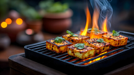 Macro shot of paneer tikka pieces sizzling on a grill with spices glistening, blurred smoky tandoor background