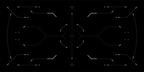 Minimalist tech HUD overlay with clean cyberpunk UI. Cockpit layout glitch effects, reticle dashboard data and digital interface. Futuristic vector design for games or cyberspace themes.