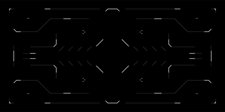 Futuristic HUD overlay with glitchy cyberpunk UI. Reticle drone interface, binary code, digital distortion and sci fi control elements. Vector screen layout for tech, VR or cybersport scene.