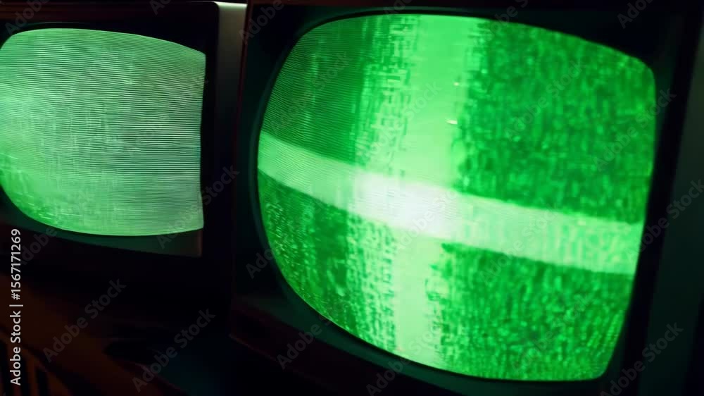 Poster vintage television screens displaying green matrix code and static interference in dark room