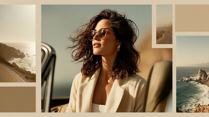 Woman with sunglasses on a coastal road trip in a convertible.