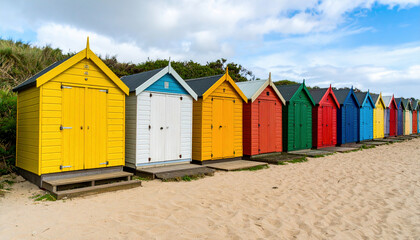Colorful beach huts line the sandy shore under a bright blue sky, creating a vibrant and cheerful seaside scene.