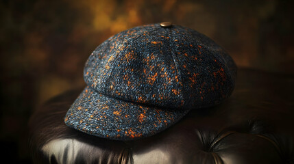 Vintage wool newsboy cap on leather chair with warm lighting