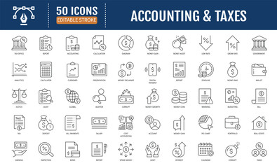 Accounting and Taxes Line Icon Set. Includes
financial statements, accountant, financial audit,
invoice, tax return, income, and more. Vector
Illustration with Editable Strokes