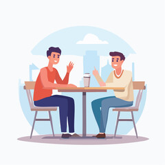 Vector of a young man with a hearing aid chatting at a sunny café, captured in a real and friendly moment of connection.