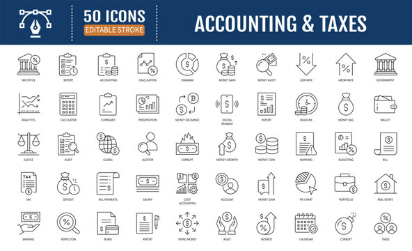 Accounting and Taxes Line Icon Set. Includes
financial statements, accountant, financial audit,
invoice, tax return, income, and more. Vector
Illustration with Editable Strokes