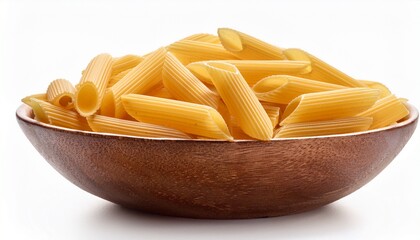 raw uncooked pasta penne in bowl isolated on white background