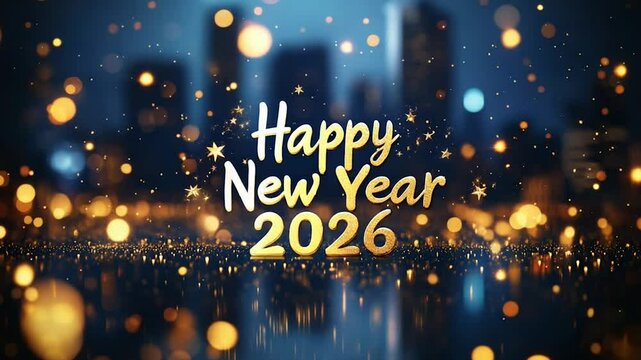 Happy New Year 2026 festive digital greeting with fireworks and glitter text celebration and holiday themed animated design