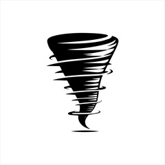 Stylized black and white illustration of a powerful tornado, swirling vortex, weather phenomenon.