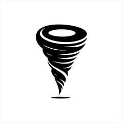 A stylized black and white illustration of a swirling tornado, depicting a powerful weather phenomenon.