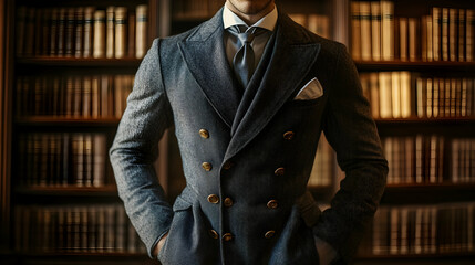Young caucasian male in elegant suit posing in sophisticated library setting