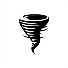 A stylized black and white vector illustration of a tornado, swirling downwards.