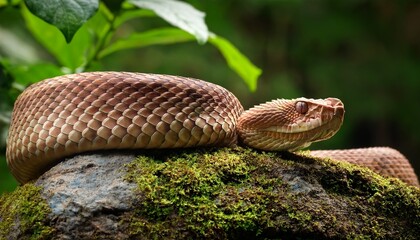 Fototapeta premium rhinoceros viper resting on forest rock with detailed texture of colorful scales and lush foliage surrounding