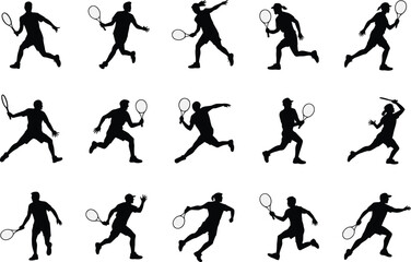 Dynamic collection of tennis player silhouettes, ideal for sports themed designs, posters, or website graphics about athleticism and competition.