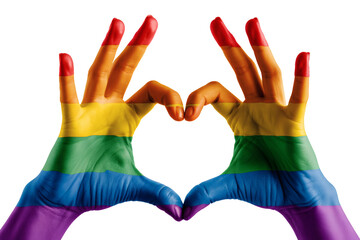 Colorful rainbow painted hands form a heart shape against a transparent background, symbolizing love, pride, and equality for LGBTQ rights.