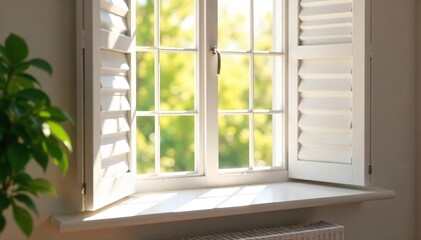 Warm Sunlight Streaming Through White Shutters onto a Wide Window Sill, Creating a Serene and Inviting Atmosphere Perfect for Home Decor, Interior Design, and Real Estate Websites.