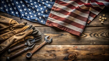 A weathered american flag rests on a rustic wooden table, surrounded by work gloves and tools