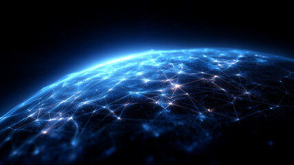 Planet wide network of illuminated data nodes forming interconnected mesh over Earth's glowing horizon.
