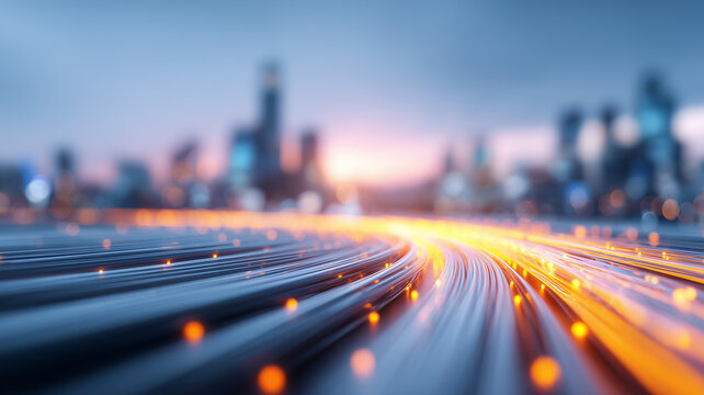 Blazing fiber optic superhighway streaking toward futuristic cityscape conveying ultra fast urban connectivity.
