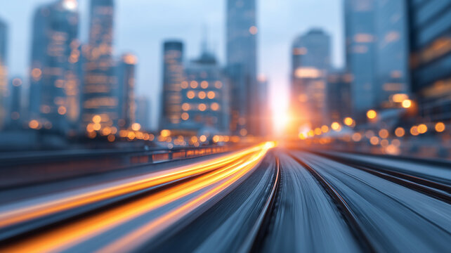 Blazing fiber optic superhighway streaking toward futuristic cityscape conveying ultra fast urban connectivity.
