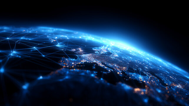 Planet wide network of illuminated data nodes forming interconnected mesh over Earth's glowing horizon.

