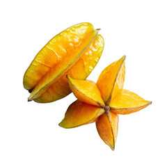 Fototapeta premium A stunning, vibrant shot of two Carambola fruits, one sliced revealing its star-like shape, capturing the essence of this tropical delight. These juicy, golden gems present a fresh, visual feast