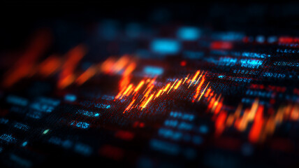 Real time financial analytics graph emerging from vibrant code matrix.

