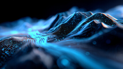 Abstract digital terrain map formed by shimmering mesh waves and floating light particles.
