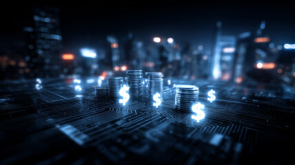 Digital financial growth stacks of coins with luminous dollar icons across electronic cityscape.
