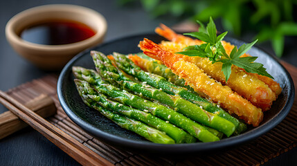 Macro shot of crispy tempura vegetables and shrimp on a dark ceramic plate, blurred soft-focus bamboo backdrop