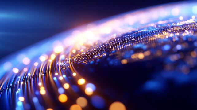 Sweeping global data throughput illustrated by luminous fiber optic currents encircling a digital world surface.
