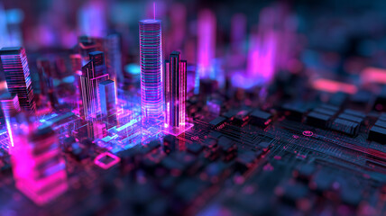 Vibrant neon smart city emerging from electronic circuit board representing urban technology fusion.
