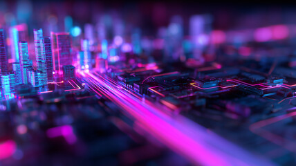 Vibrant neon smart city emerging from electronic circuit board representing urban technology fusion.
