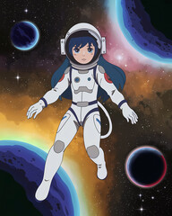 Anime style girl astronaut floating in space, stars and planets, graphic design illustration wallpaper 