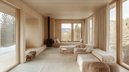 Bright living room with wood walls, fireplace, sofa, rug and nature view through large windows