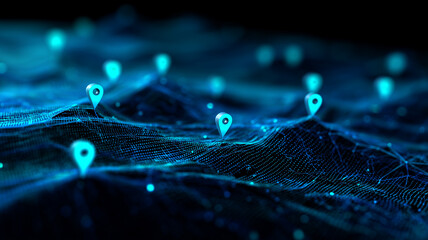 Dynamic geospatial network nodes shown as glowing locator pins across abstract data landscape.
